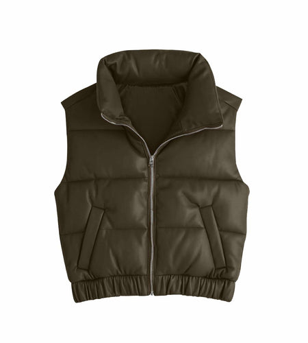 Fisoew Womens Faux Leather Puffer Vest Sleeveless Zip Up Black - Size S