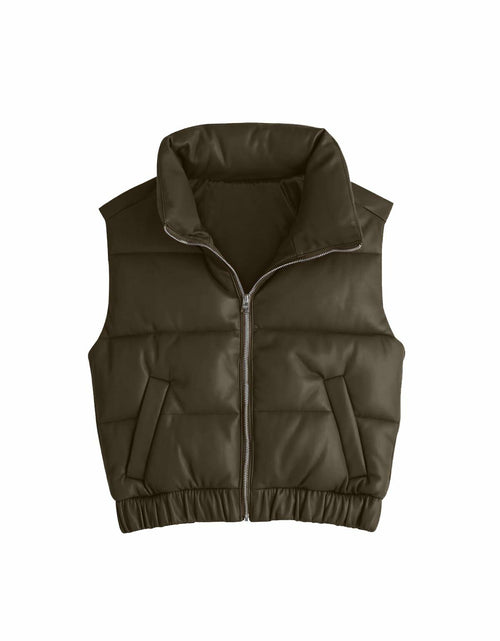 Load image into Gallery viewer, Fisoew Womens Faux Leather Puffer Vest Sleeveless Zip Up Black - Size S
