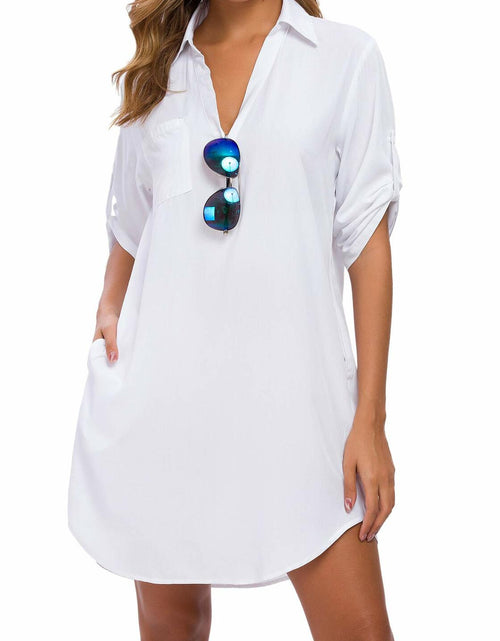 Load image into Gallery viewer, MANAIXUAN Women's Oversized Button Down Shirt Dress Casual 3/4 Sleeve XXL

