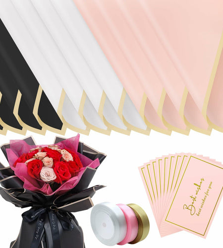 LOTMER 30 Sheets Flower Wrapping Paper, 3 Colors with 3 Ribbons & 30 Cards