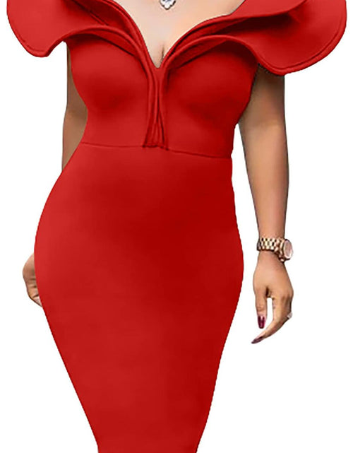 Load image into Gallery viewer, GOBLES Women's Sexy V Neck Ruffle Shoulder Bodycon Midi Dress Royal Blue Size XL
