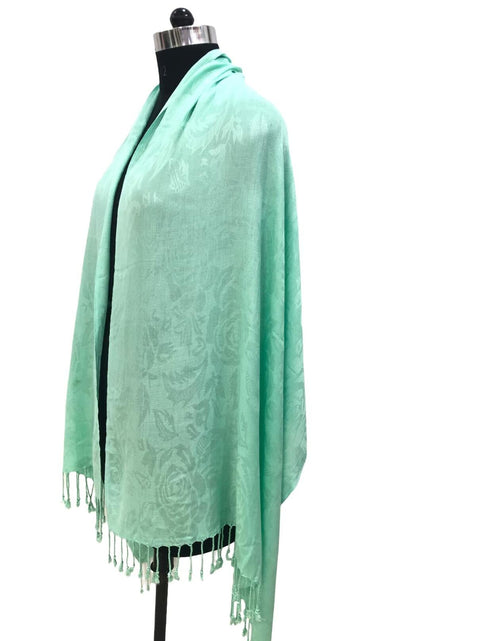 Load image into Gallery viewer, Elu Pashmina Shawl Large Flower Textured Sea Green Soft Wrap 78x28

