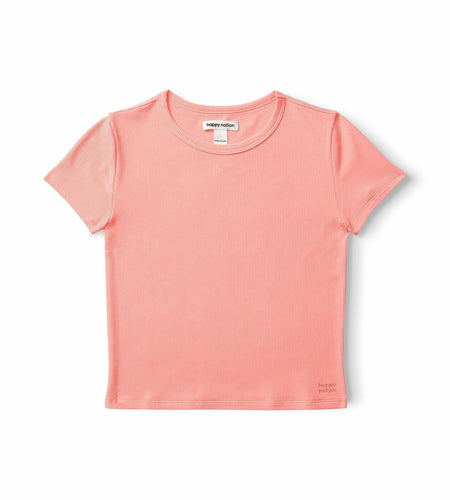 Happy Nation Ribbed Crop T-Shirt Peach Cosmo Large New Stylish Fit