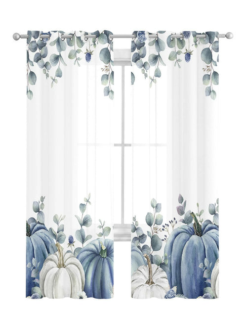 Load image into Gallery viewer, Thanksgiving Pumpkins Eucalyptus Sheer Curtains 84in 2 Panels Blue White

