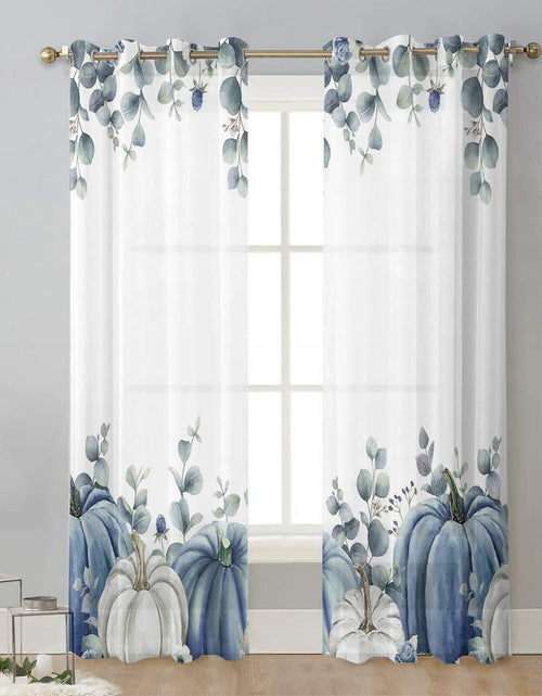Load image into Gallery viewer, Thanksgiving Pumpkins Eucalyptus Sheer Curtains 84in 2 Panels Blue White
