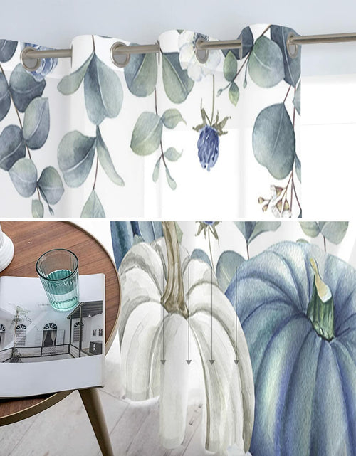 Load image into Gallery viewer, Thanksgiving Pumpkins Eucalyptus Sheer Curtains 84in 2 Panels Blue White
