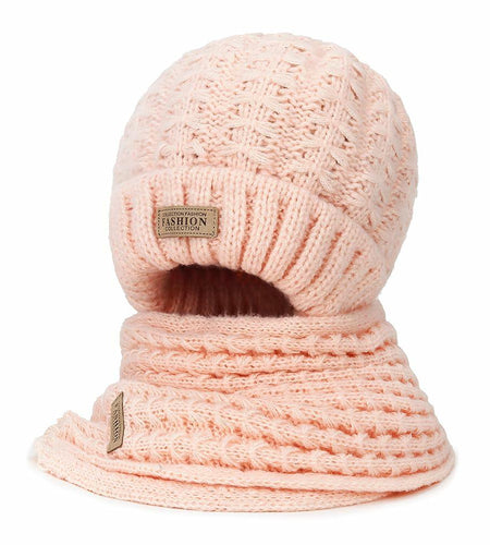 Wander Agio Women's Winter Wool Knit Beanie & Scarf Set Pink 3pc