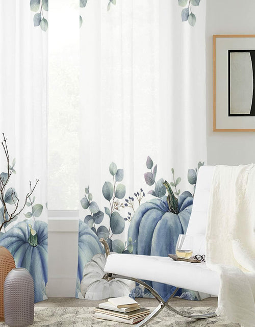 Load image into Gallery viewer, Thanksgiving Pumpkins Eucalyptus Sheer Curtains 84in 2 Panels Blue White
