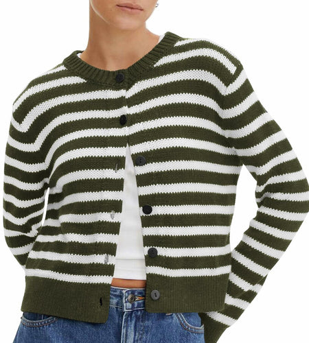KIRUNDO Womens Cardigan Sweater Striped Button Down Army Green Size M