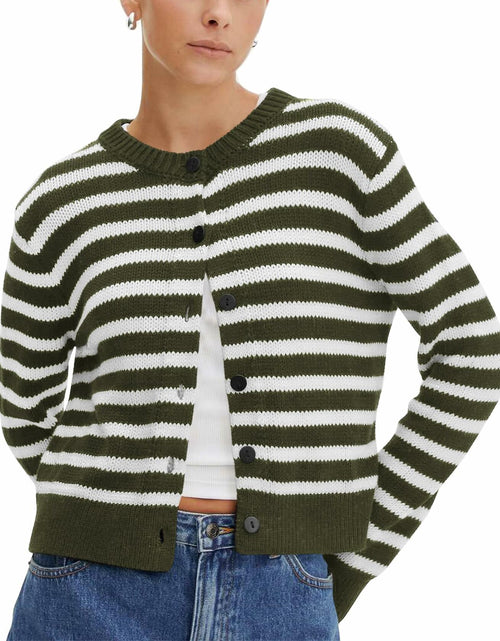 Load image into Gallery viewer, KIRUNDO Womens Cardigan Sweater Striped Button Down Army Green Size M
