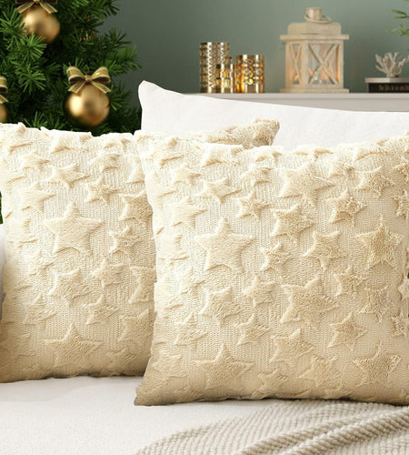 Set of 2 Christmas Pillow Covers 18x18 Cream Beige Plush Velvet Soft Throw
