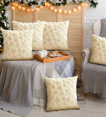 Set of 2 Christmas Pillow Covers 18x18 Cream Beige Plush Velvet Soft Throw