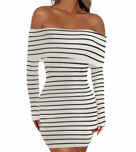 Wenrine Womens Off Shoulder Knit Mini Dress White Casual Bodycon Long Sleeve