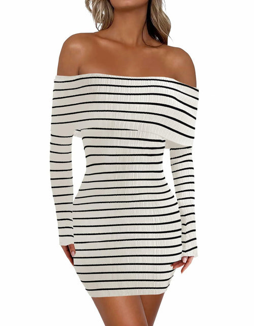 Load image into Gallery viewer, Wenrine Womens Off Shoulder Knit Mini Dress White Casual Bodycon Long Sleeve
