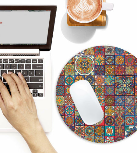 Boho Round Mouse Pad 8.7in Non-Slip Rubber Base Home Office Decor