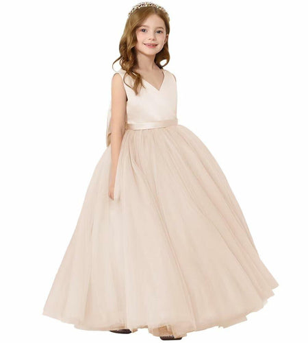 JISISANG Toddler Satin Tulle Dress Champagne Bow-Knot Flower Girl - Size 2