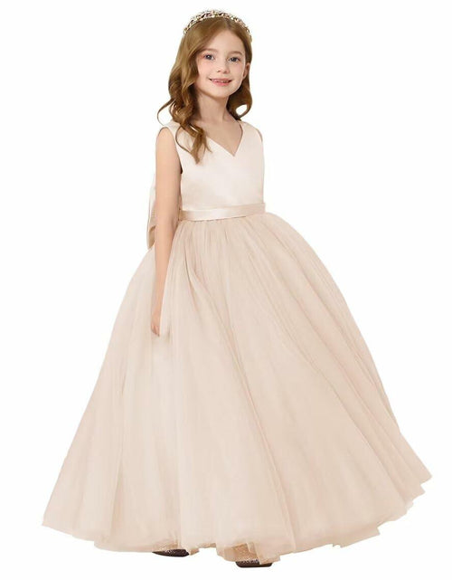 Load image into Gallery viewer, JISISANG Toddler Satin Tulle Dress Champagne Bow-Knot Flower Girl - Size 2
