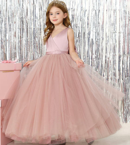 JISISANG Toddler Satin Tulle Dress Champagne Bow-Knot Flower Girl - Size 2