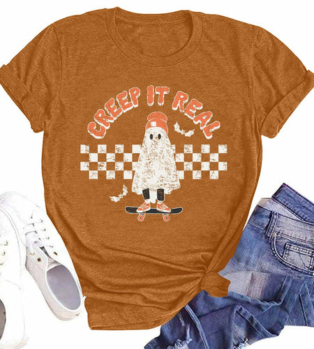 HQP Halloween Ghost Women's Brown Graphic Fall T-Shirt Top Spooky Skateboard