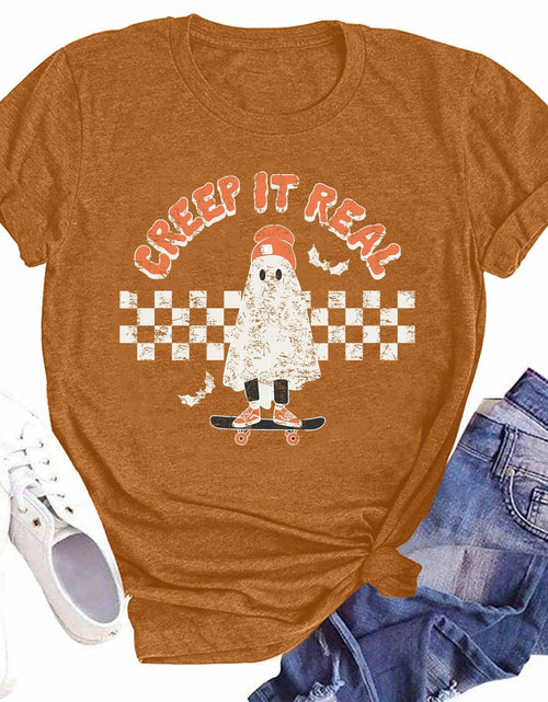 Load image into Gallery viewer, HQP Halloween Ghost Women's Brown Graphic Fall T-Shirt Top Spooky Skateboard

