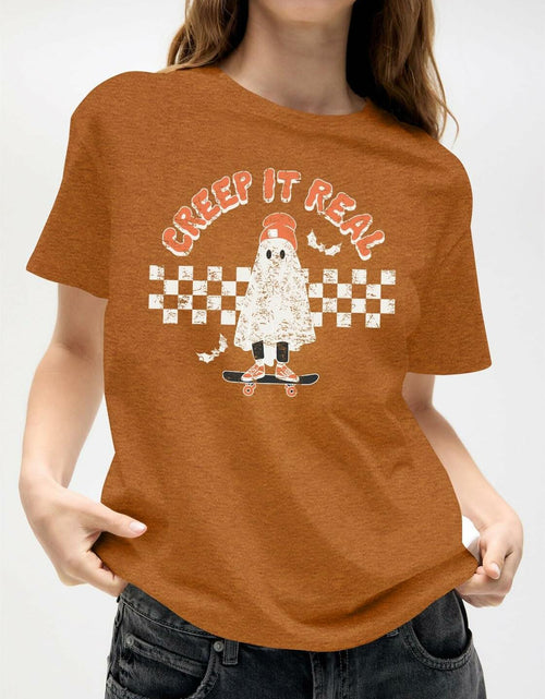Load image into Gallery viewer, HQP Halloween Ghost T-Shirt Women Brown Graphic Fall Top Spooky Skateboard
