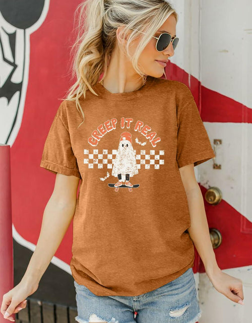 Load image into Gallery viewer, HQP Halloween Ghost T-Shirt Women Brown Graphic Fall Top Spooky Skateboard
