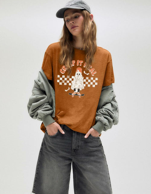Load image into Gallery viewer, HQP Halloween Ghost Women's Brown Graphic Fall T-Shirt Top Spooky Skateboard
