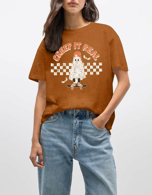 Load image into Gallery viewer, HQP Halloween Ghost T-Shirt Women Brown Graphic Fall Top Spooky Skateboard
