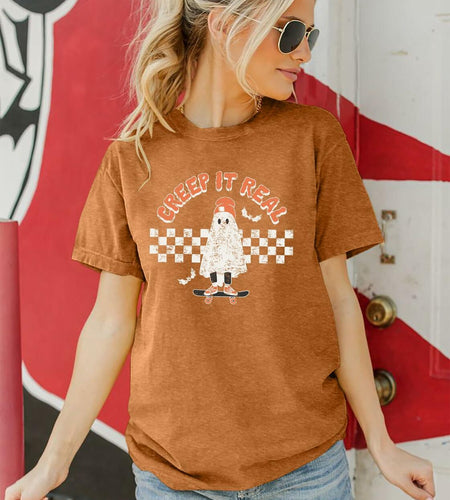 HQP Halloween Ghost Women's Brown Graphic Fall T-Shirt Top Spooky Skateboard