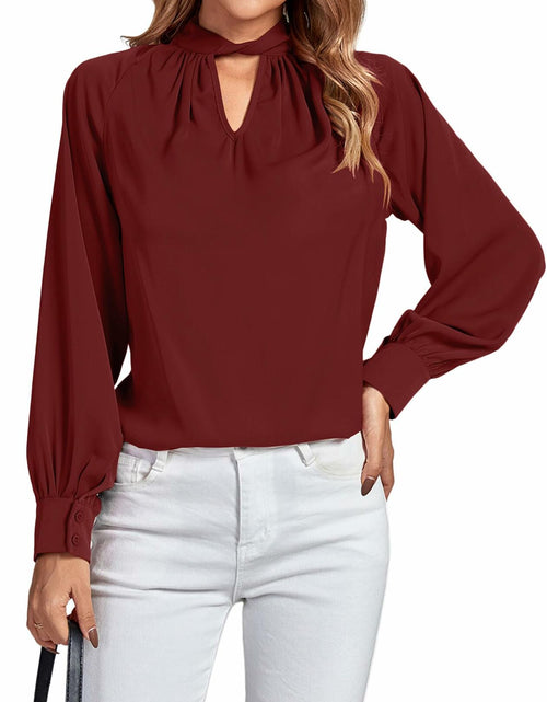 Load image into Gallery viewer, LYANER Women's Burgundy Twist Hollow Out Long Sleeve Office Blouse Medium
