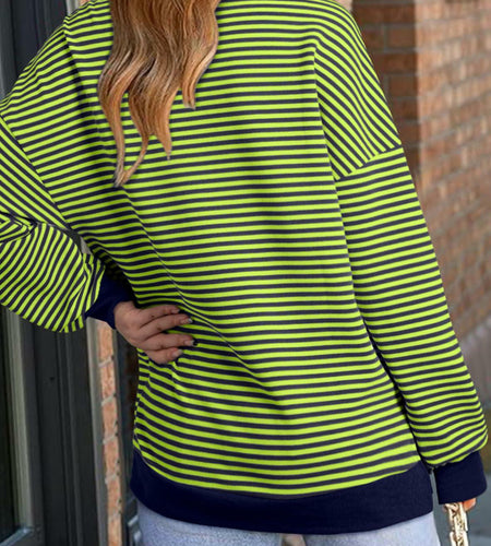 AlvaQ Womens Blue Colorblock Striped Sweatshirt V-Neck Lapel Size M