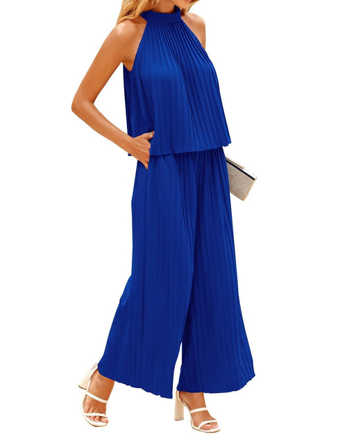 Load image into Gallery viewer, dowerme Women's 2PC Set Halter Neck Sleeveless Top &amp; Pants Dark Royal Blue - S
