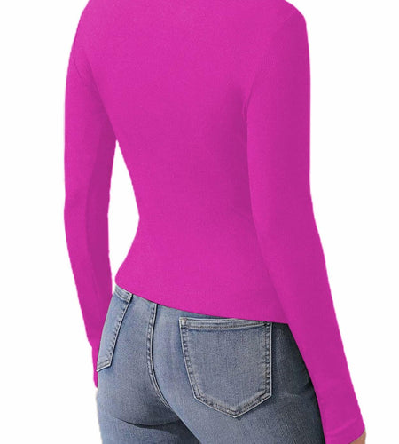 Remidoo Women's Rib Knit Long Sleeve Top Hot Pink Size L