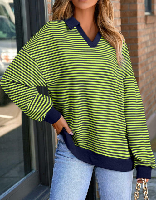 Load image into Gallery viewer, AlvaQ Womens Blue Colorblock Striped Sweatshirt V-Neck Lapel Size M
