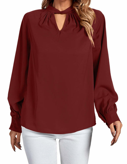 Load image into Gallery viewer, LYANER Women's Burgundy Twist Hollow Out Long Sleeve Office Blouse Medium
