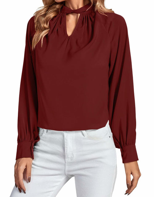 Load image into Gallery viewer, LYANER Women's Burgundy Twist Hollow Out Long Sleeve Office Blouse Medium
