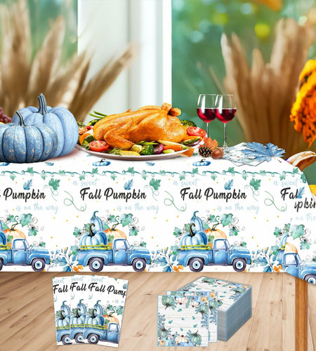 3 Pc Blue Fall Thanksgiving Tablecloth Set 54x108in + 60 Napkins Disposable