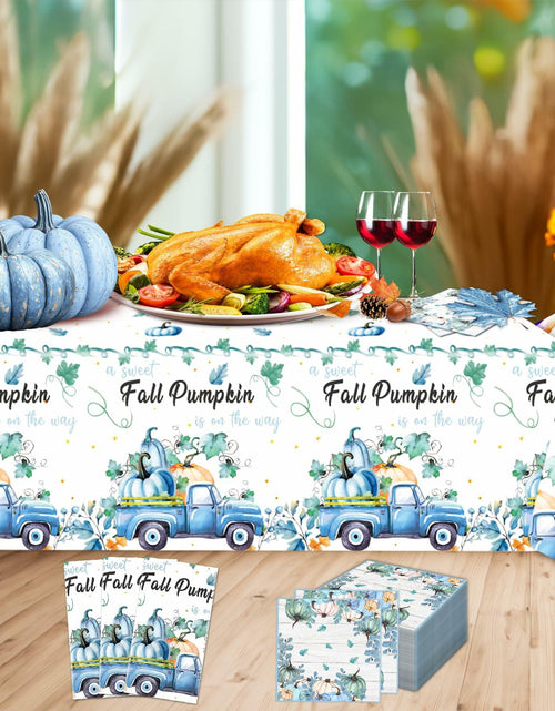Load image into Gallery viewer, 3 Pc Blue Fall Thanksgiving Tablecloth Set 54x108in + 60 Napkins Disposable
