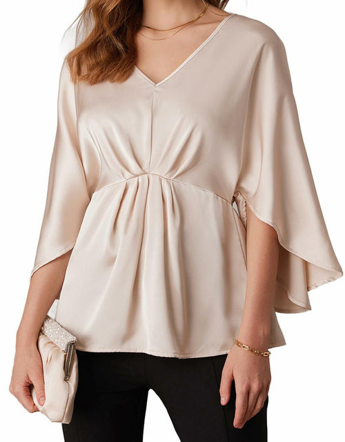 Load image into Gallery viewer, GRACE KARIN Beige 3/4 Sleeve Ruffled Blouse V Neck Work Shirt Size M
