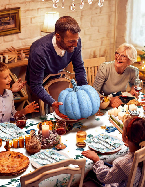 Load image into Gallery viewer, 3 Pc Blue Fall Thanksgiving Tablecloth Set 54x108in + 60 Napkins Disposable
