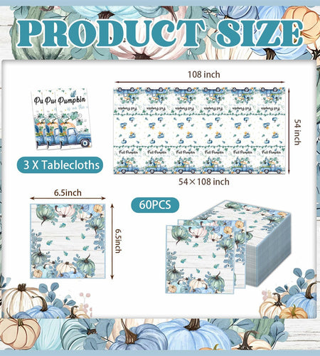 3 Pc Blue Fall Thanksgiving Tablecloth Set 54x108in + 60 Napkins Disposable