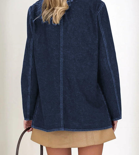 Fisoew Womens Denim Blazer Jacket Long Sleeve Blue Single Breasted - Medium