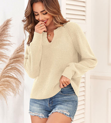 ZAFUL Apricot Ribbed Knit V Neck Long Sleeve Sweater Size M