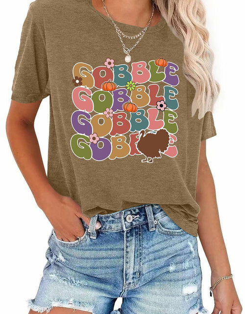 Load image into Gallery viewer, Gobble Gobble Women's Thanksgiving Shirt Khaki Short Sleeve Cute Graphic XL
