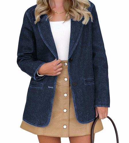 Fisoew Womens Denim Blazer Jacket Long Sleeve Blue Single Breasted - Medium