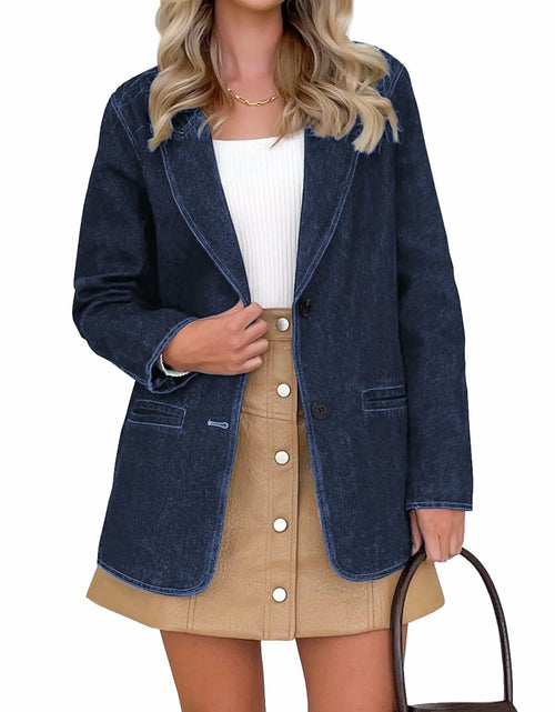 Load image into Gallery viewer, Fisoew Womens Denim Blazer Jacket Long Sleeve Blue Single Breasted - Medium
