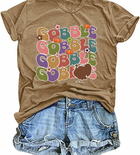 Gobble Gobble Women's Thanksgiving Shirt Khaki Short Sleeve Cute Graphic XL