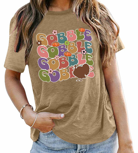 Gobble Gobble Women's Thanksgiving Shirt Khaki Short Sleeve Cute Graphic XL