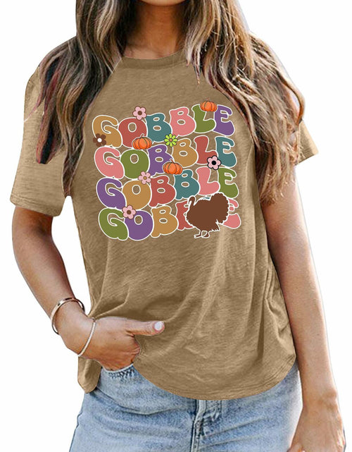 Load image into Gallery viewer, Gobble Gobble Women's Thanksgiving Shirt Khaki Short Sleeve Cute Graphic XL
