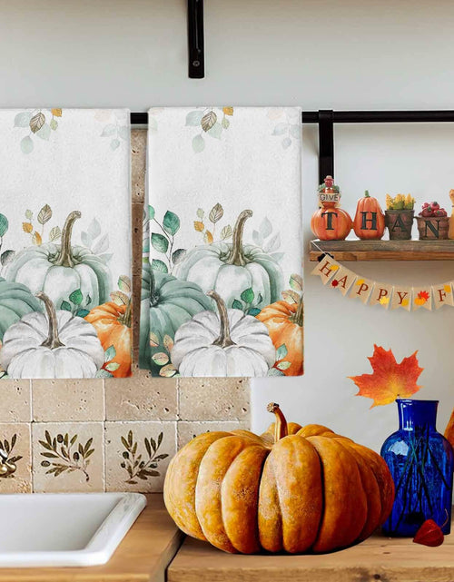 Load image into Gallery viewer, Thanksgiving Green Pumpkin Kitchen Towels Set of 2 18x28 Fall Decor Absorbent
